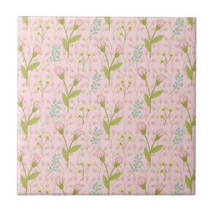 Azulejo De Cerâmica Flores Cor-de-Rosa Folhas Verdes Jardim Floral Pri