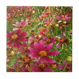 Azulejo De Cerâmica Flores cor-de-rosa-quente e margaridas amarelas