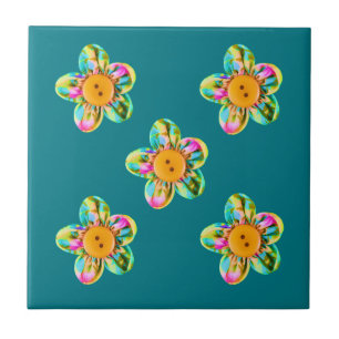 Azulejo De Cerâmica Flores cor-de-rosa, roxas, amarelas, na turquesa