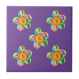 Azulejo De Cerâmica Flores cor-de-rosa, roxas, amarelas na violeta