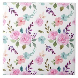 Azulejo De Cerâmica Flores cor-de-rosa sem emenda de aquarela