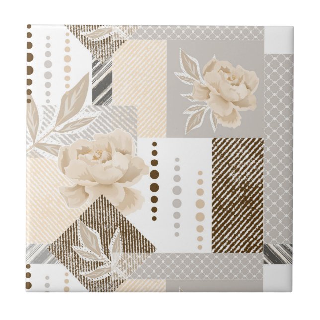 Azulejo De Cerâmica Flores creme sobre branco (Frente)