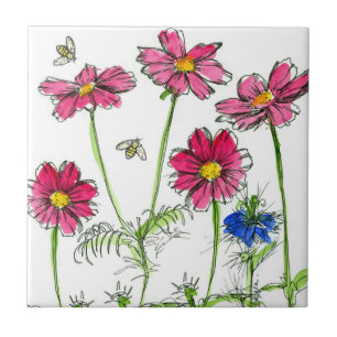 Azulejo De Cerâmica Flores da aguarela do cosmos do rosa quente de