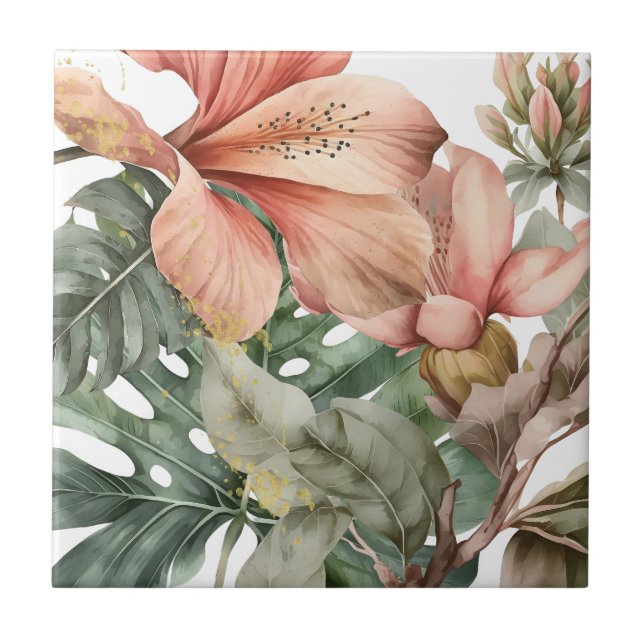 Azulejo De Cerâmica Flores da Selva em Aquarela com Salpicos de Dourad (Frente)