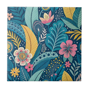 Azulejo De Cerâmica Flores da Selva em Azul Tropical & Padrão Floral B