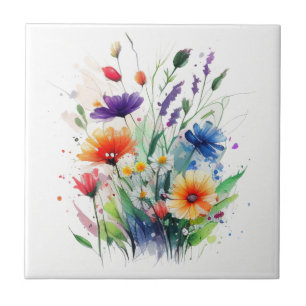Azulejo De Cerâmica Flores de Aquarela Laranja Roxo Vermelho Azul
