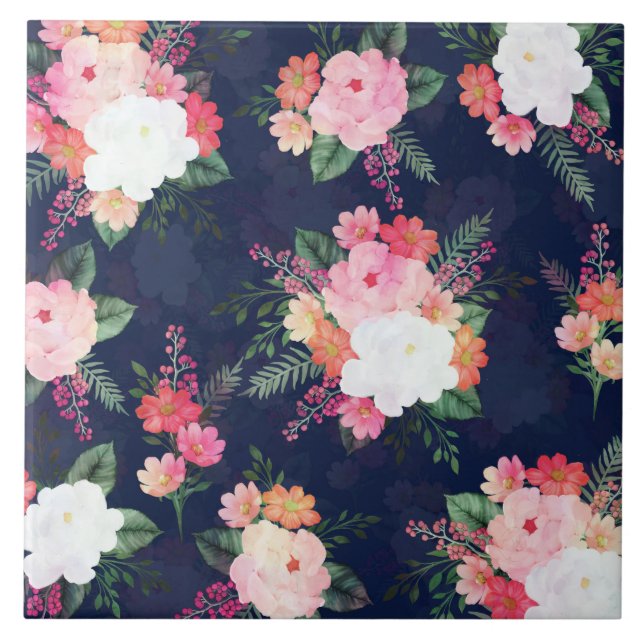 Azulejo De Cerâmica Flores de Aquarela Rosa Design Azul (Frente)