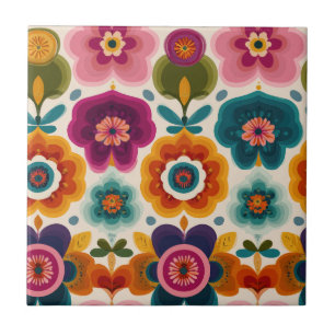 Azulejo De Cerâmica Flores de Arte Folclórica Vibrantes 70s Padrão Ret