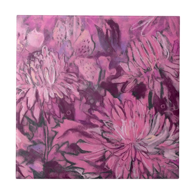Azulejo De Cerâmica Flores De Chrysanthemum Pintura Floral Marrom Rosa (Frente)
