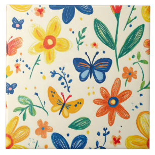 Azulejo De Cerâmica Flores de Crayon e Borboleta