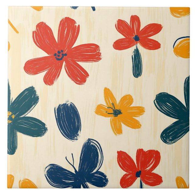 Azulejo De Cerâmica Flores de Crayon e Borboleta (Frente)