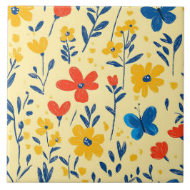 Azulejo De Cerâmica Flores de Crayon e Borboleta