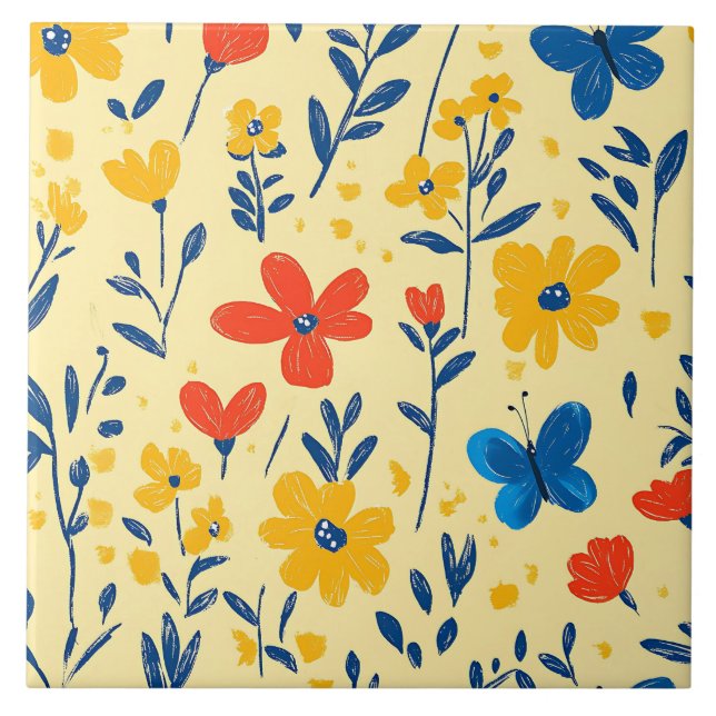 Azulejo De Cerâmica Flores de Crayon e Borboleta (Frente)