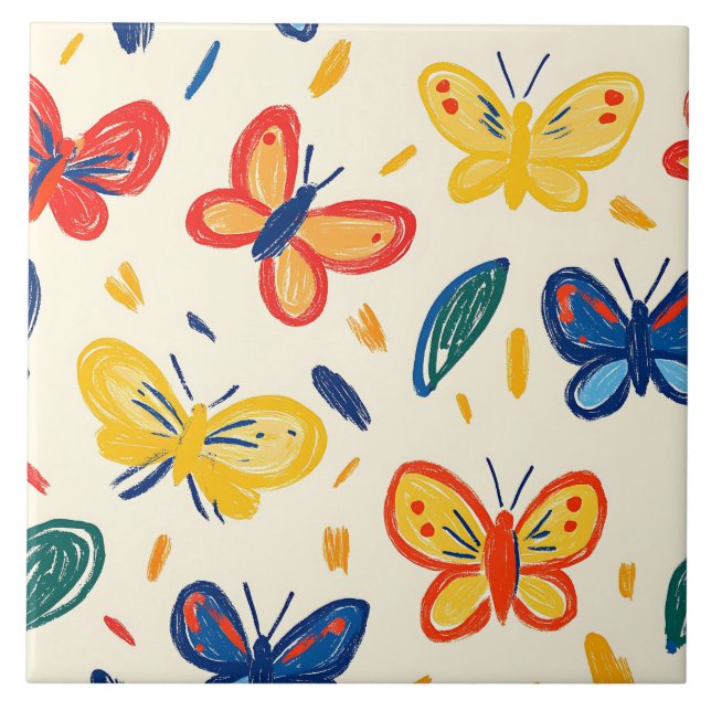 Azulejo De Cerâmica Flores de Crayon e Borboleta (Frente)