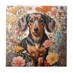 Azulejo De Cerâmica Flores De Dachshund Castanho E Cosmos
