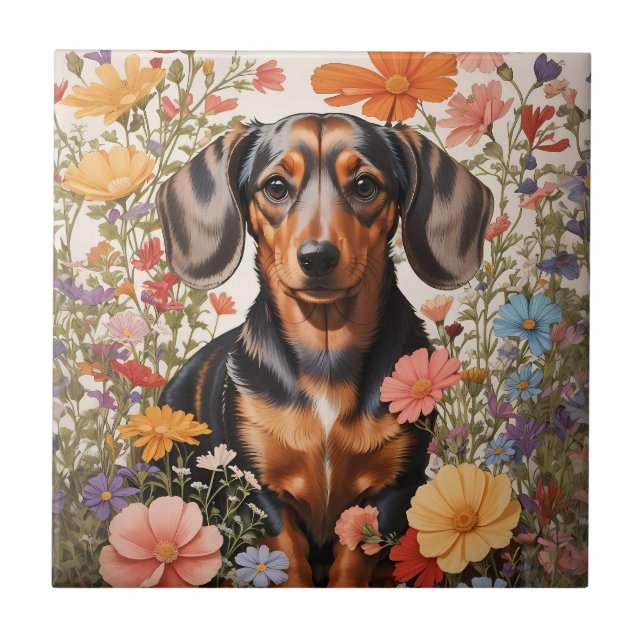 Azulejo De Cerâmica Flores De Dachshund Castanho E Cosmos (Frente)