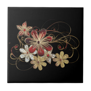 Azulejo De Cerâmica Flores de Gemstone Vermelho - Joia Ouro Bonita