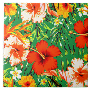 Azulejo De Cerâmica Flores de hibisco tropical verdes
