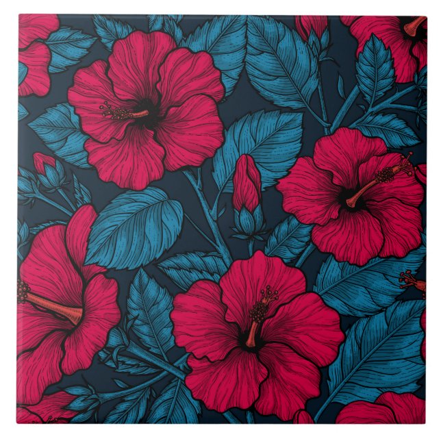 Azulejo De Cerâmica Flores de hibisco vermelhas (Frente)