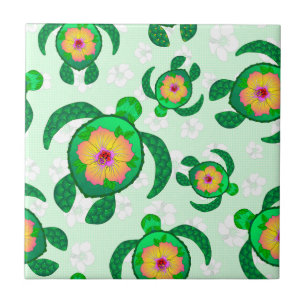 Azulejo De Cerâmica Flores de Hibiscus do Mar Verde Honu
