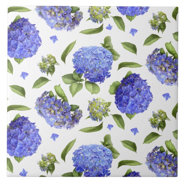 Azulejo De Cerâmica Flores de Hydrangea Azuis Arte Botânica (Frente)