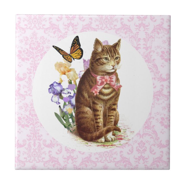 Azulejo De Cerâmica Flores de Íris de Gato Antigo e Borboleta (Frente)