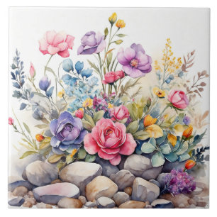 Azulejo De Cerâmica Flores de Jardim de Aquarela nas Rochas