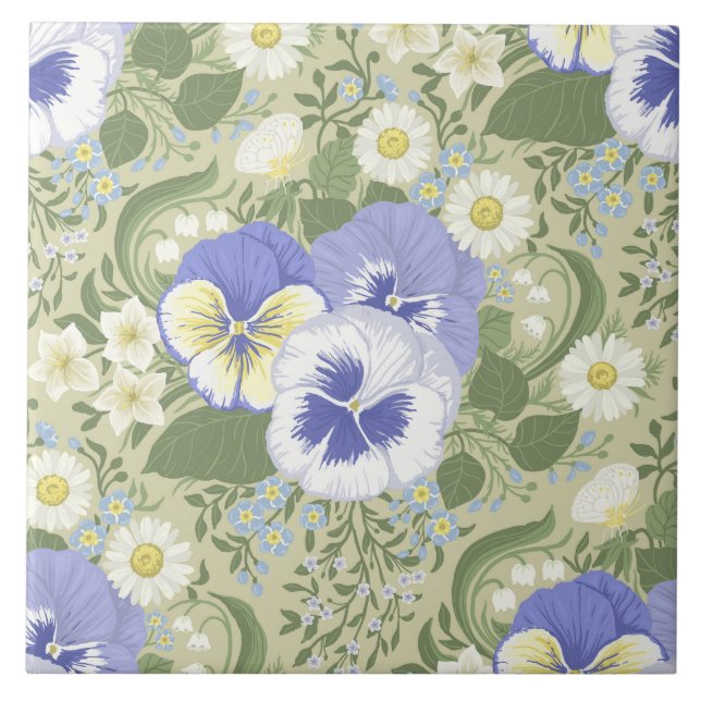 Azulejo De Cerâmica Flores de Jardim de Primavera em sage (Frente)