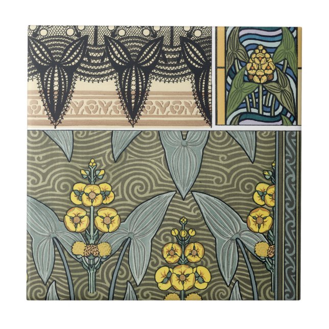 Azulejo De Cerâmica Flores de Jardim em Arte Nova Antiga com Motivos d (Frente)