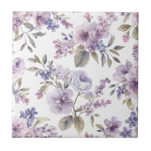 Azulejo De Cerâmica Flores de Lavanda Aquarela Botânica Roxa