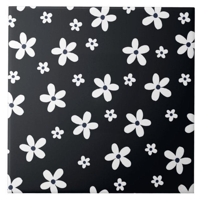 Azulejo De Cerâmica Flores de Margarida Negra-Negra Summer Boho (Frente)