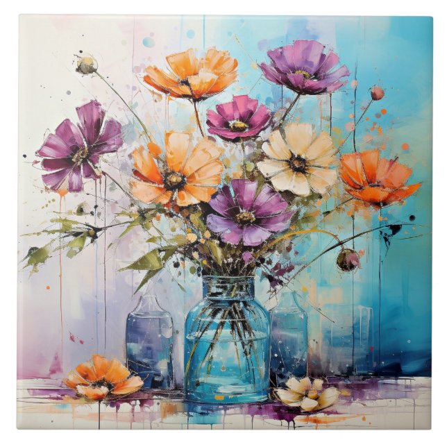 Azulejo De Cerâmica Flores de Mola de Aquarela (Frente)