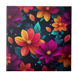 Azulejo De Cerâmica Flores de Neon Vibrantes a Escuro