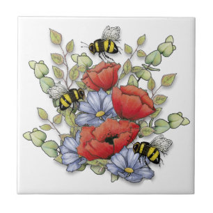 Azulejo De Cerâmica Flores de Papoula e Desenho Digital de Abelhas, Bo