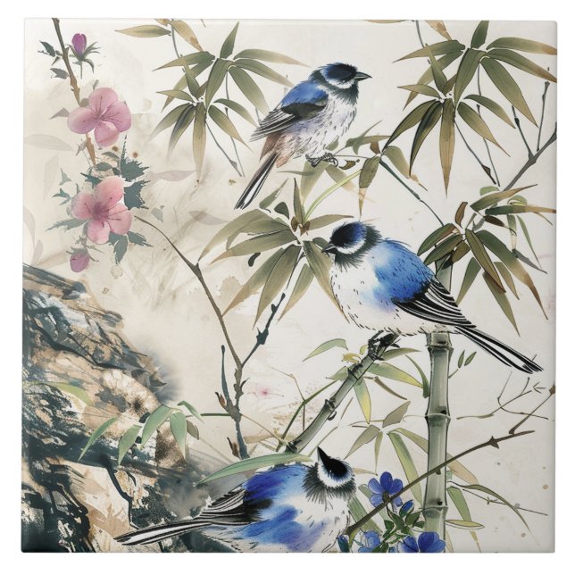 Azulejo De Cerâmica Flores de Pássaros Japoneses Antigos (Frente)