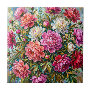 Azulejo De Cerâmica Flores de Peônia Pintadas Coloridas Elegantes