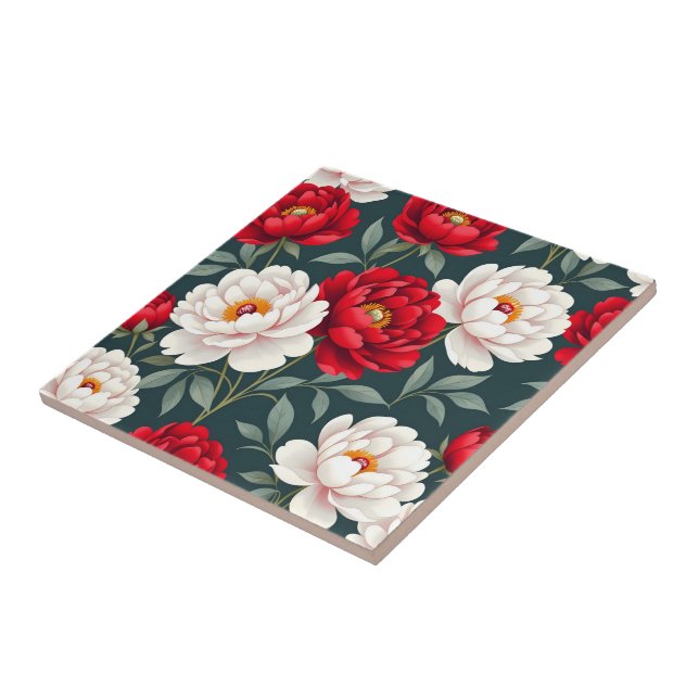 Azulejo De Cerâmica Flores de peônia vermelhas e brancas (Lateral)