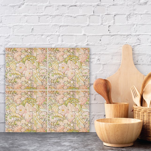 Azulejo De Cerâmica Flores De Pêonias Rosa Ligam Mucha (Criador carregado)