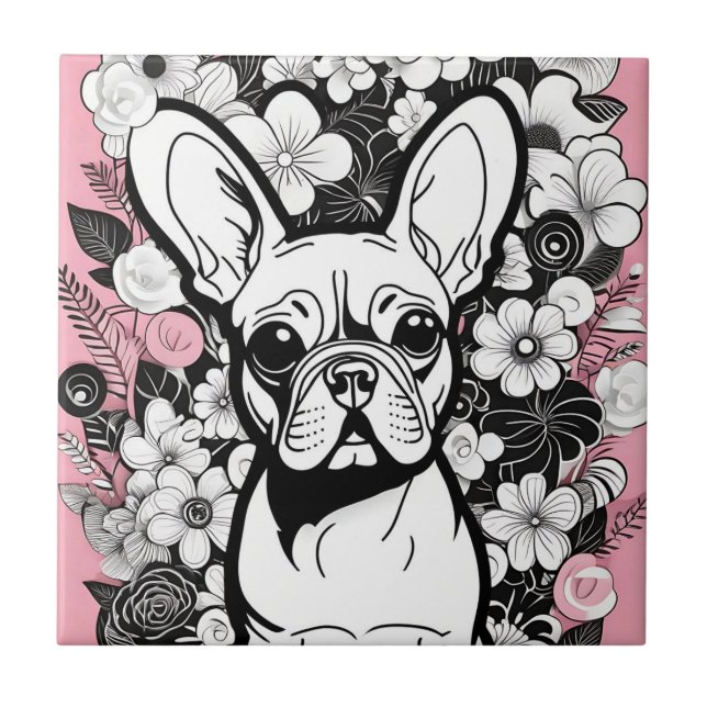 Azulejo De Cerâmica Flores de pop art e Bulldog Francês (Frente)