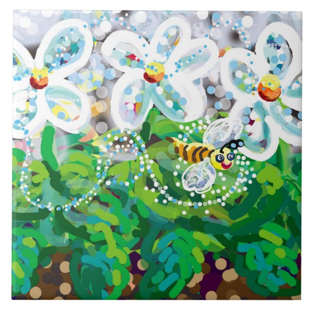 Azulejo De Cerâmica flores de primavera e abelha feliz (Frente)