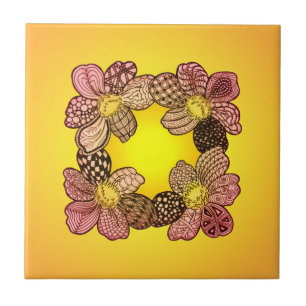 Azulejo De Cerâmica Flores de rabisco em pêssego, laranja e Dourado