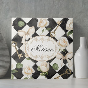 Azulejo De Cerâmica Flores de Rosa Vintage Monograma Preto Branco Diam