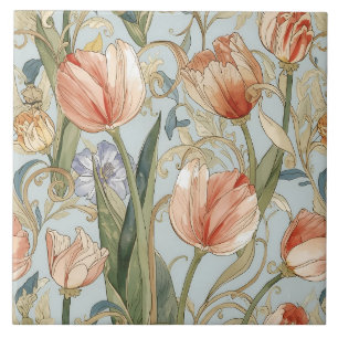Azulejo De Cerâmica Flores de Tulipa em Aquarela Vintage, Pêssego, Azu