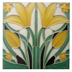 Azulejo De Cerâmica Flores de Tulipas Amarelas do Modernismo Art Nouve