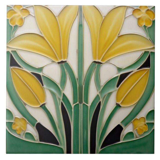 Azulejo De Cerâmica Flores de Tulipas Amarelas do Modernismo Art Nouve (Frente)
