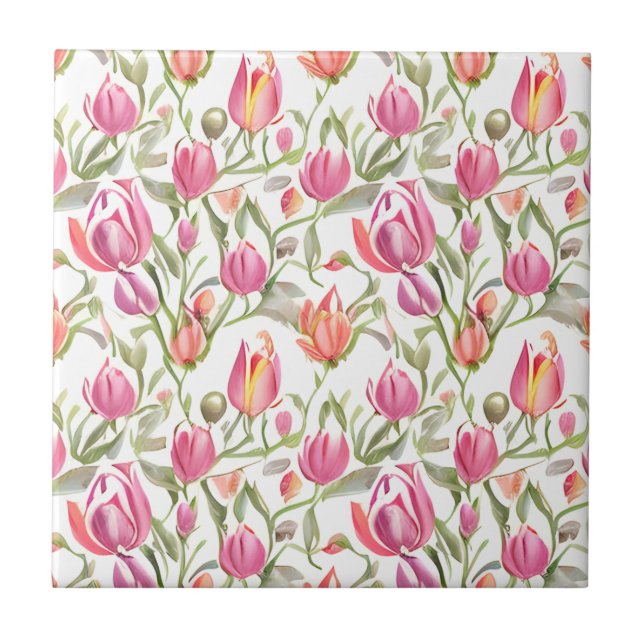 Azulejo De Cerâmica Flores De Tulipas De Padrão Floral (Frente)