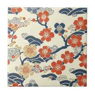 Azulejo De Cerâmica Flores de Ume Prunus Japonesa Creme Onda Azul-Mari