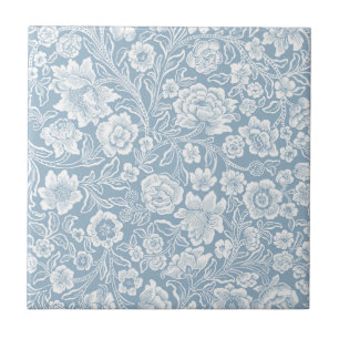 Azulejo De Cerâmica Flores Desenhadas à Mão, Arte Botânica Azul Cinza