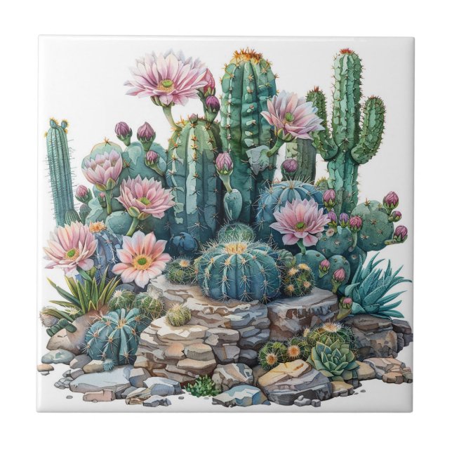 Azulejo De Cerâmica Flores do deserto de aquarelas cactos. (Frente)