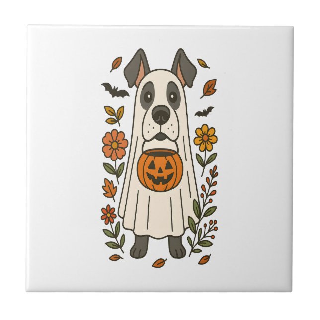 Azulejo De Cerâmica Flores do Grande Dane do Halloween (Frente)